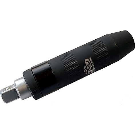 Schwarzer Schlagschrauber, geriffeltem Griff. Das Werkzeug hat einen silbernen Antriebskopf.